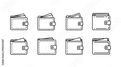 Set of eight minimalist wallet icons with cash details isolated on white background