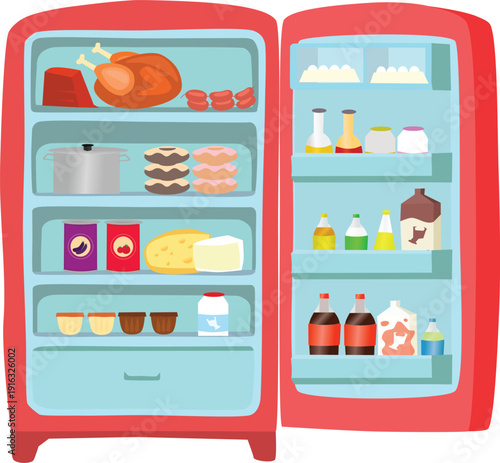 Flat vector graphic illustration of an open domestic refrigerator full of food and fresh drinks! Perfect for commercial projects, digital marketing, and web design. Ready for immediate use today.