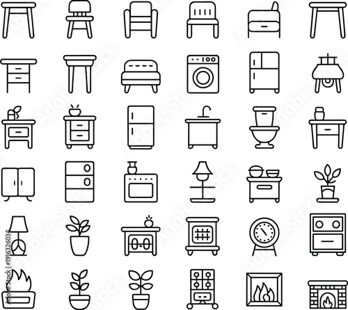 Modern home furniture and household appliance line icon set, interior living room bedroom kitchen bathroom outline collection minimal vector pack