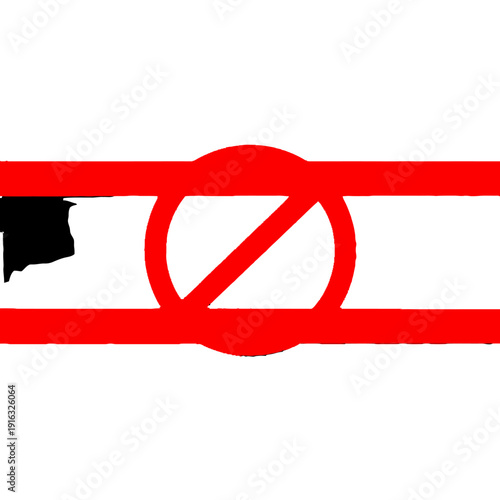 Red prohibition sign on flag with black element, protest and censorship concept, isolated white background.