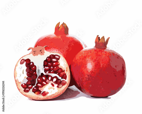 A vibrant illustration of pomegranates one halved revealing juicy seeds