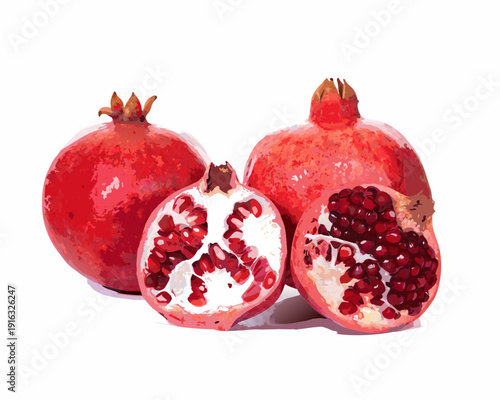 A vibrant still life featuring whole and halved pomegranates