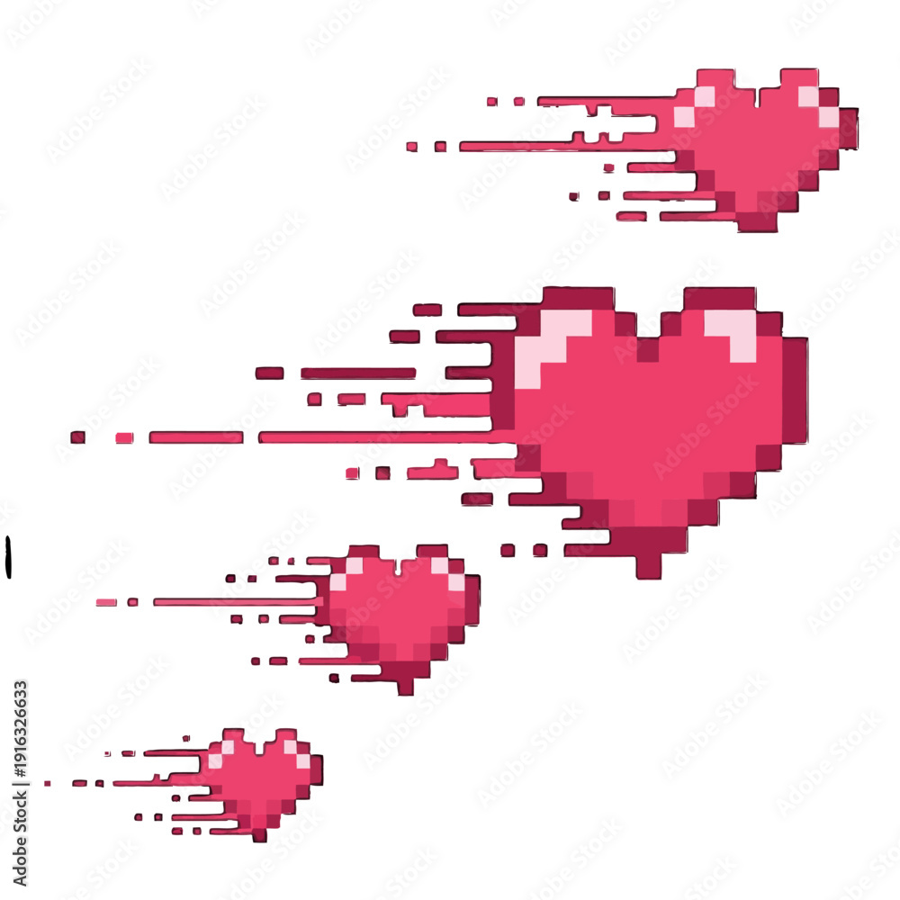 Fototapeta premium Dynamic Pixel Art Hearts with Speed Lines, Isolated White Background
