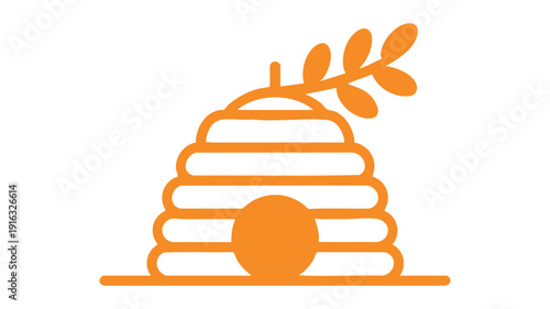 A stylized illustration of a beehive with a bee and a leaf on top of it