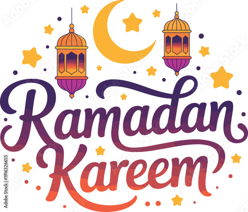 Ramadan Kareem Arabic Calligraphy Lanterns Crescent Moon Stars Festive Greeting