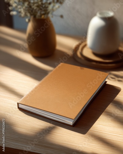 Elegant art notebook cover resting on a wooden desk illuminated by warm sunlight