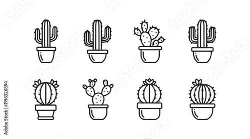Set of Potted Cactus Icons with Different Shapes and Spines Minimalist Line Art Style