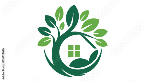 Green home symbolized by tree with leaves and house icon
