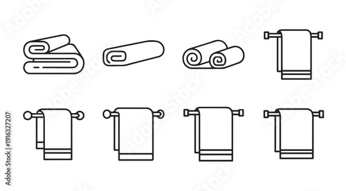 Set of Towel Icons Folded and Rolled on Towel Bars Line Art Isolated