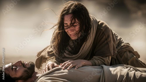 The weeping Virgin Mary kneels next to the crucified Jesus, who lies on the ground. An emotional scene expressing grief and loss, deep despair and sorrow. A relegious theme.