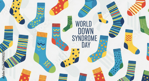 Colorful socks pattern for world down syndrome day awareness with mixed designs and text on white background