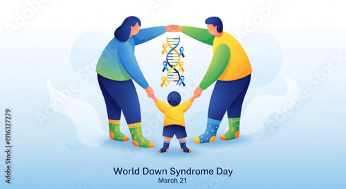 World down syndrome day illustration with family holding dna symbol