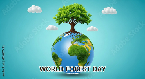 World forest day illustration with globe and tree on blue background with clouds