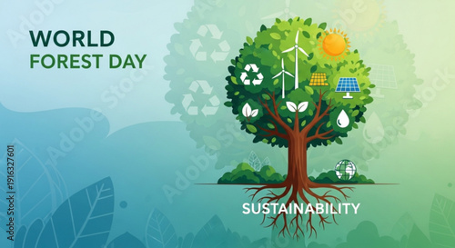World forest day sustainability tree with eco friendly symbols and renewable energy icons on green background