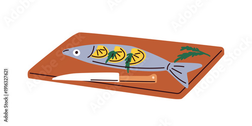 Fish with lemon and herb garnish on wooden cutting board. Fresh sea food preparation with knife, green dill, citrus. Cooking, preparing seafood. Flat vector illustration isolated on white background