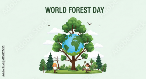 World forest day illustration with tree and globe on green background with children