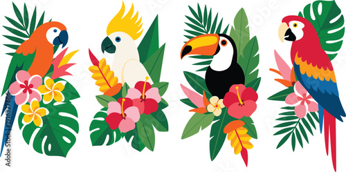 Tropical Birds and Exotic Flowers Arrangement Parrot and Toucan