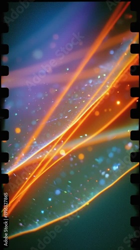 Bright orange light trails sweep diagonally over a blue purple background while tiny bokeh particles shimmer and drift, strands shift position across five frames for energetic motion.
