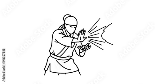 Martial Artist Performing Energy Blast Attack, Dynamic Line Art