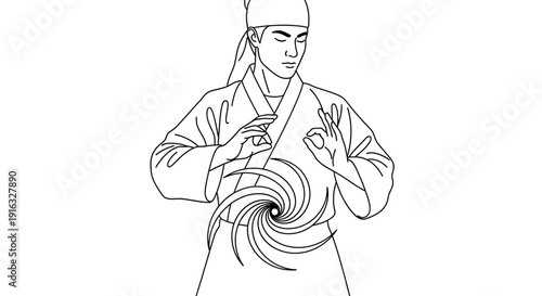 Martial Artist Forms Energy Vortex with Hand Gestures, Ancient Warrior Power