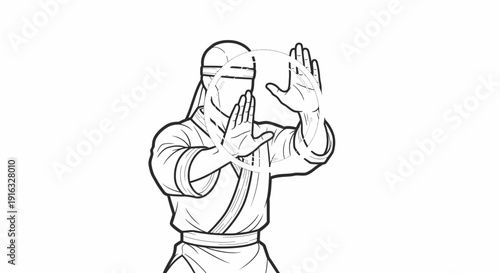 Martial Arts Fighter Performing Defensive Stance with Hands Up, Black and White Line Art