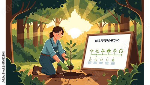 Woman Planting Seedling with Future Growth Board in Forest.
