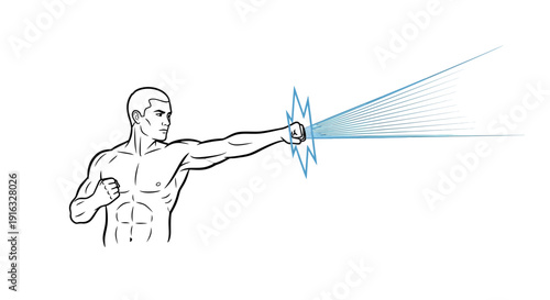 Martial arts fighter punching with energy blast, dynamic action, concept of power and force