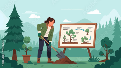 Woman Planting Tree with Diagram in Forest Conservation Project.