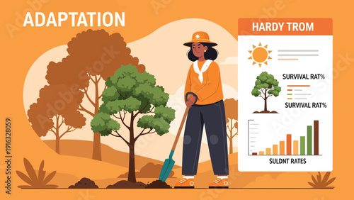 Woman Planting Tree Adaptation and Survival Rates Illustration.