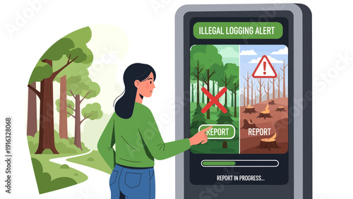 Woman Reporting Illegal Logging on Smart Device.