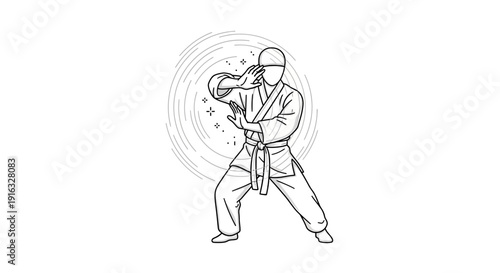 Martial Arts Karateka Performing Defensive Stance, Dynamic Line Art Illustration