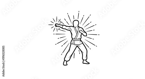 Martial Arts Karate Fighter Punching with Energy Burst - Black and White Line Art