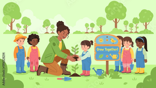 Children Planting Trees with Teacher in a Green Environment.