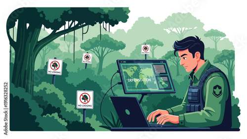 Conservationist Monitoring Deforestation in Lush Rainforest Environment.