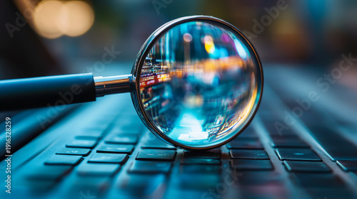 Magnifying glass on laptop computer. Toned in blue