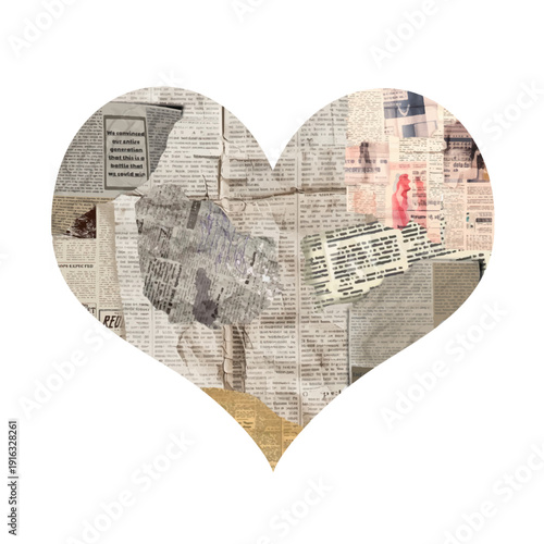 Heart shape collage made of newspaper clipping. Concept of media love, journalism, press freedom and information. Vintage paper texture isolated on white background.