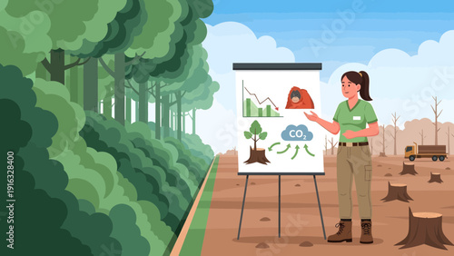 Deforestation Presentation Woman Explains Environmental Impact with Visual Aids.