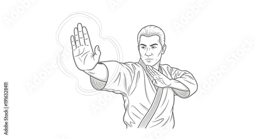 Karate fighter in defensive stance, black and white illustration, martial arts training