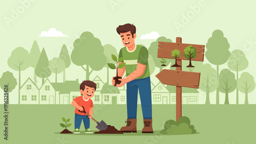 Father and Son Planting a Tree Together in the Garden.