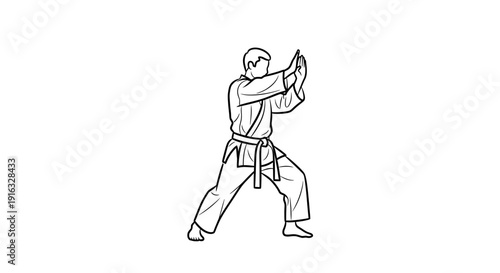 Karate fighter in defensive stance, black and white illustration