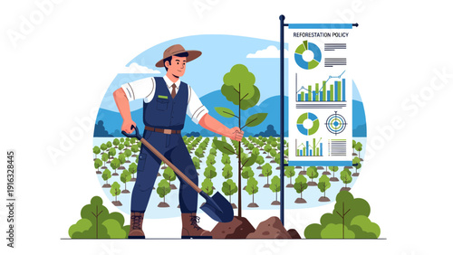 Farmer Planting a Tree with Data Analytics Banner in Background.