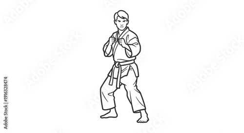 Karate fighter in fighting stance, black and white line art, martial arts, combat sport, self-defense