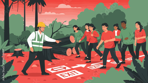 Forest Exit Guide Leading People Through Deforestation Area.