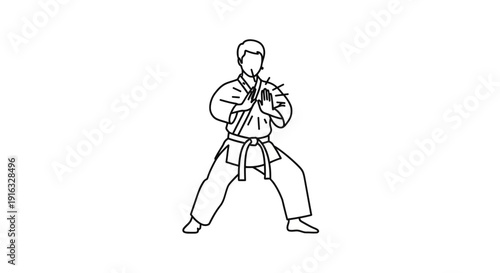 Karate fighter in defensive stance, striking pose, martial arts training, black and white line art