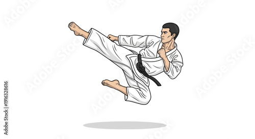 Karate fighter performing a flying side kick in a dojo, dynamic martial arts action