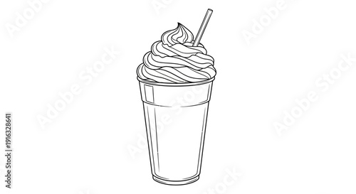 Hand-drawn sketch of a delicious milkshake with whipped cream and straw, isolated on white background.