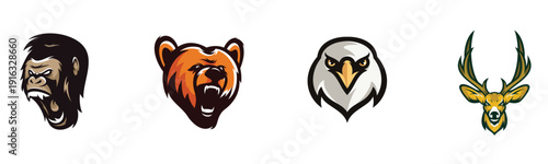 Angry animal head mascot bundle with gorilla grizzly bear bald eagle and deer stag for sports and gaming