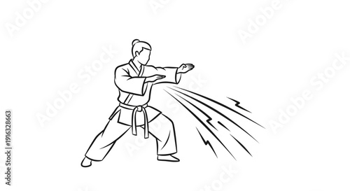 Karate fighter performing a powerful punch with energy lines, black and white line art