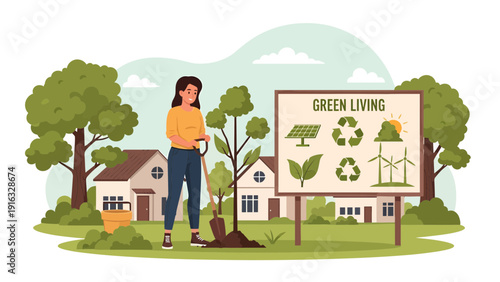 Green Living and Sustainability Woman Planting Tree with EcoFriendly Practices.