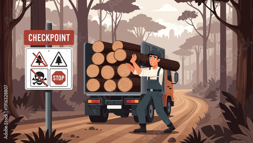Lumberjack Carrying Log Past Checkpoint with Warning Signs.